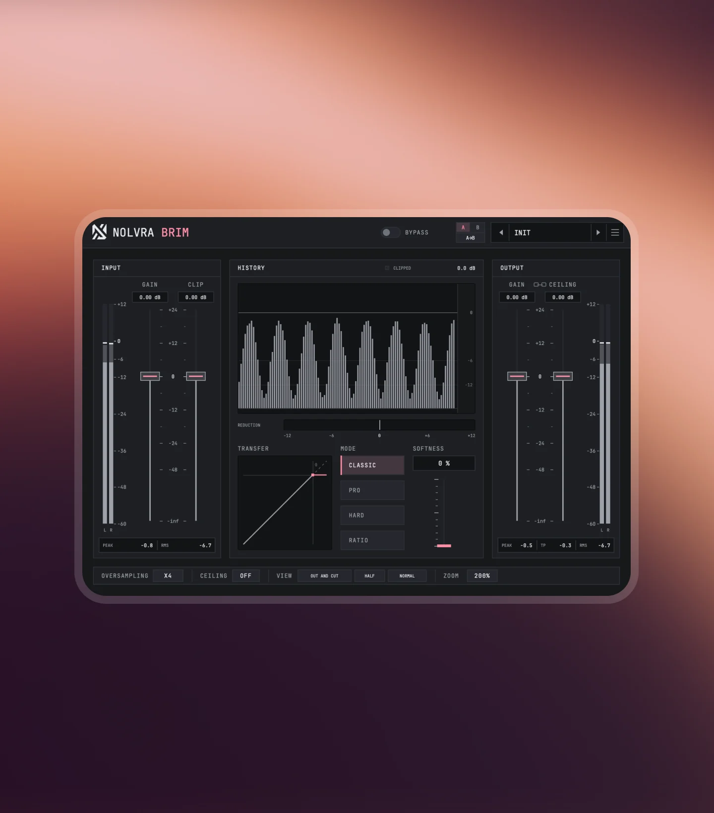 Nolvra BRIM with the Init preset: input and output meters, history, transfer curve and the four clip modes.
