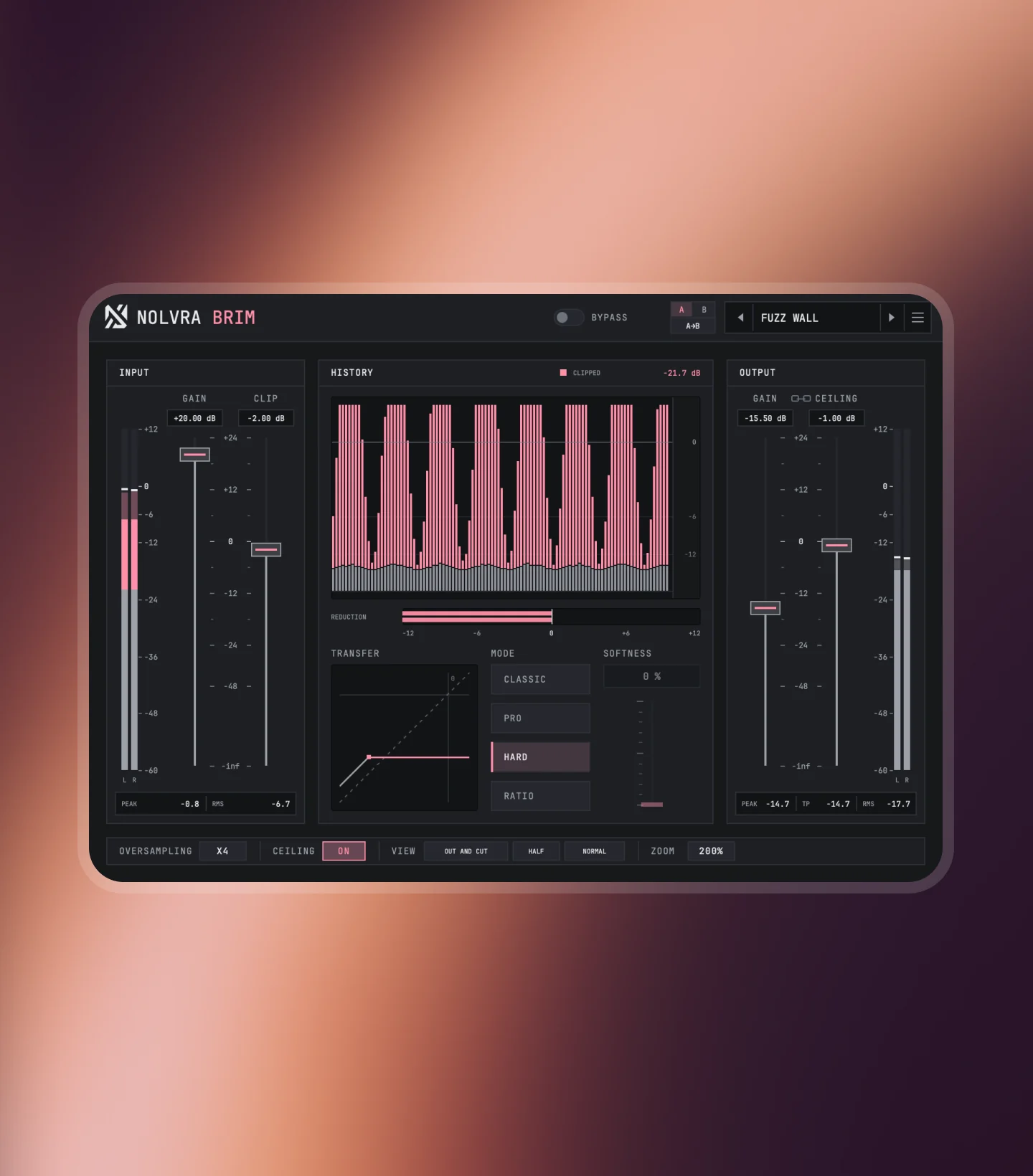 Nolvra BRIM clipping with the Fuzz Wall preset: the history shows the cut and the output meter reads the result.
