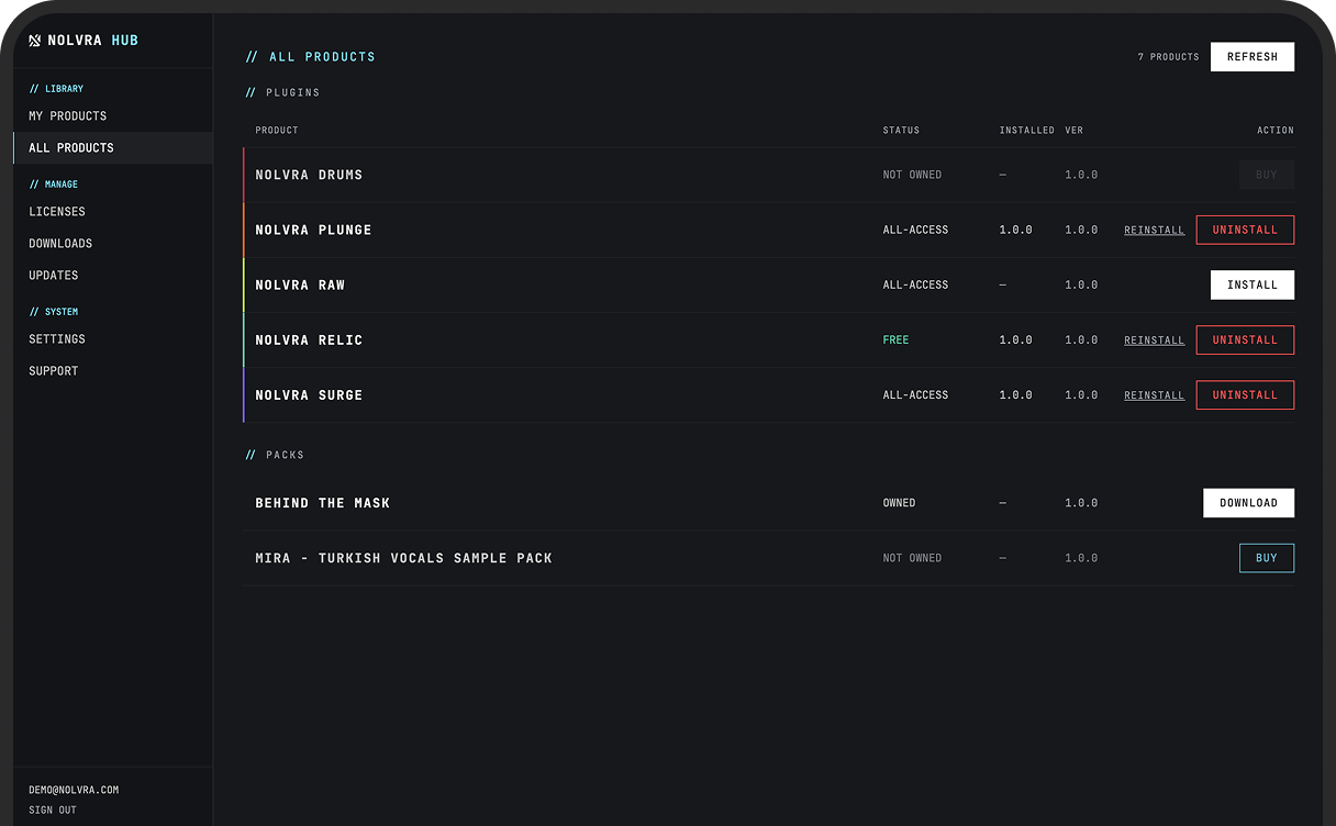 Nolvra Hub, all products