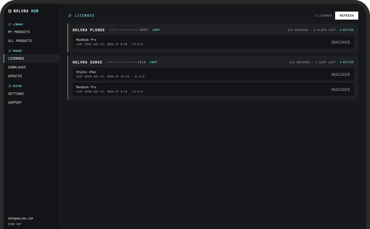 Nolvra Hub, license keys
