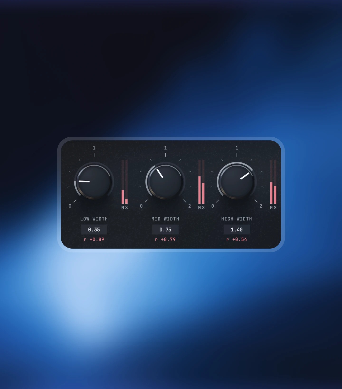Nolvra Imager low, mid and high width dials reading 0.35, 0.75 and 1.40 with their correlation readouts