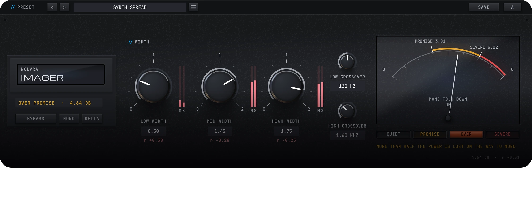 Nolvra Imager plugin interface at the synth spread preset with the width dials and the mono fold-down meter