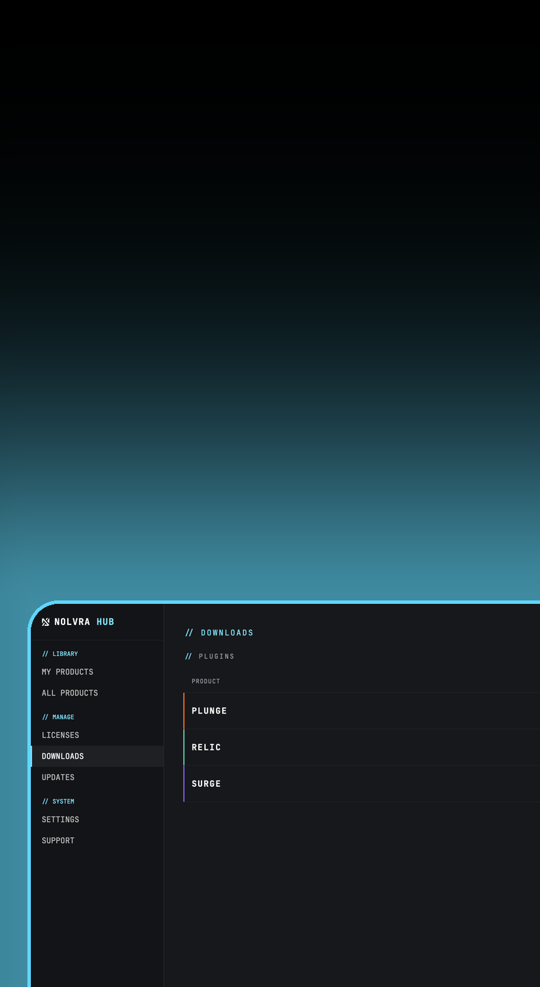 Nolvra Hub downloads list with three plugins installed
