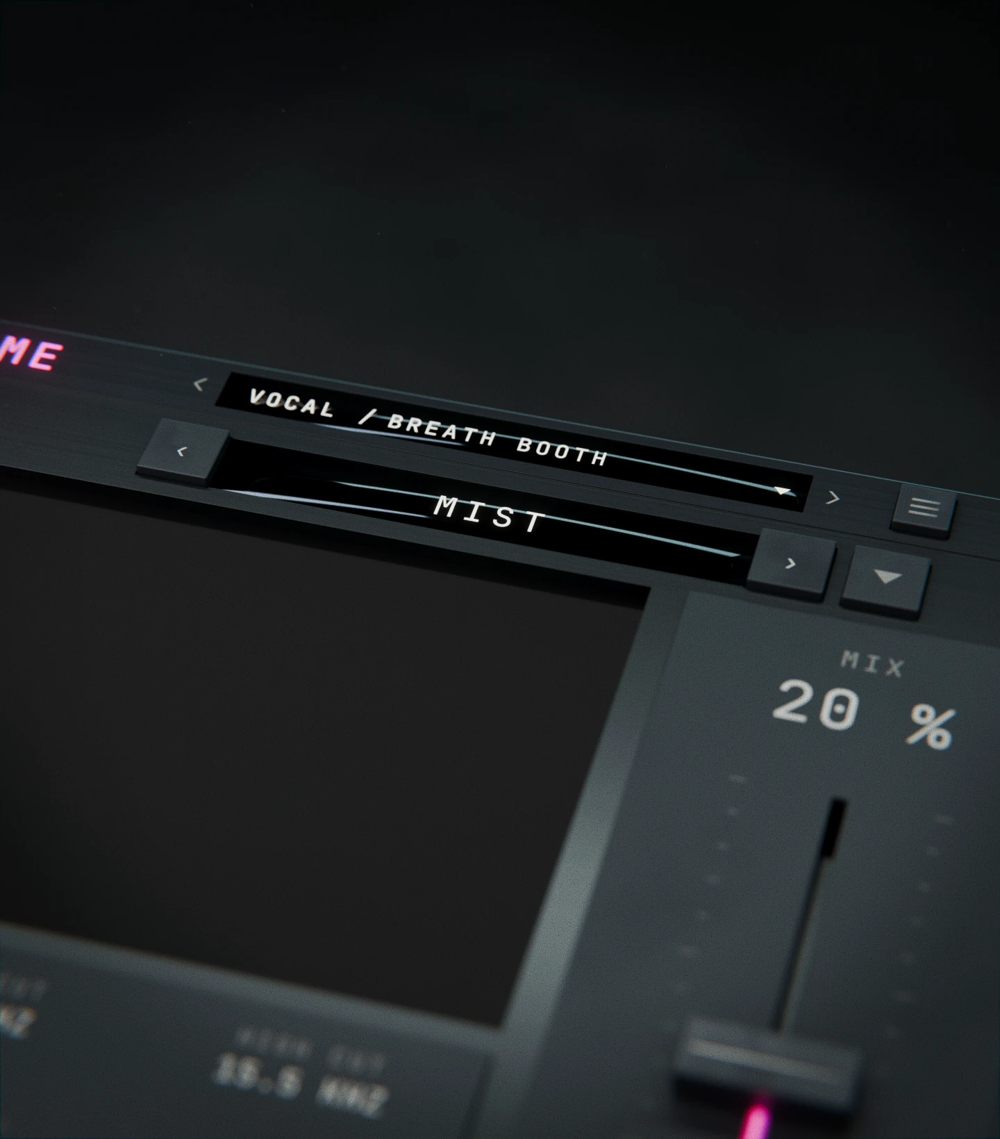 Close view of Nolvra PLUME: the preset bar on Vocal / Breath Booth in MIST, with Mix at 20%.