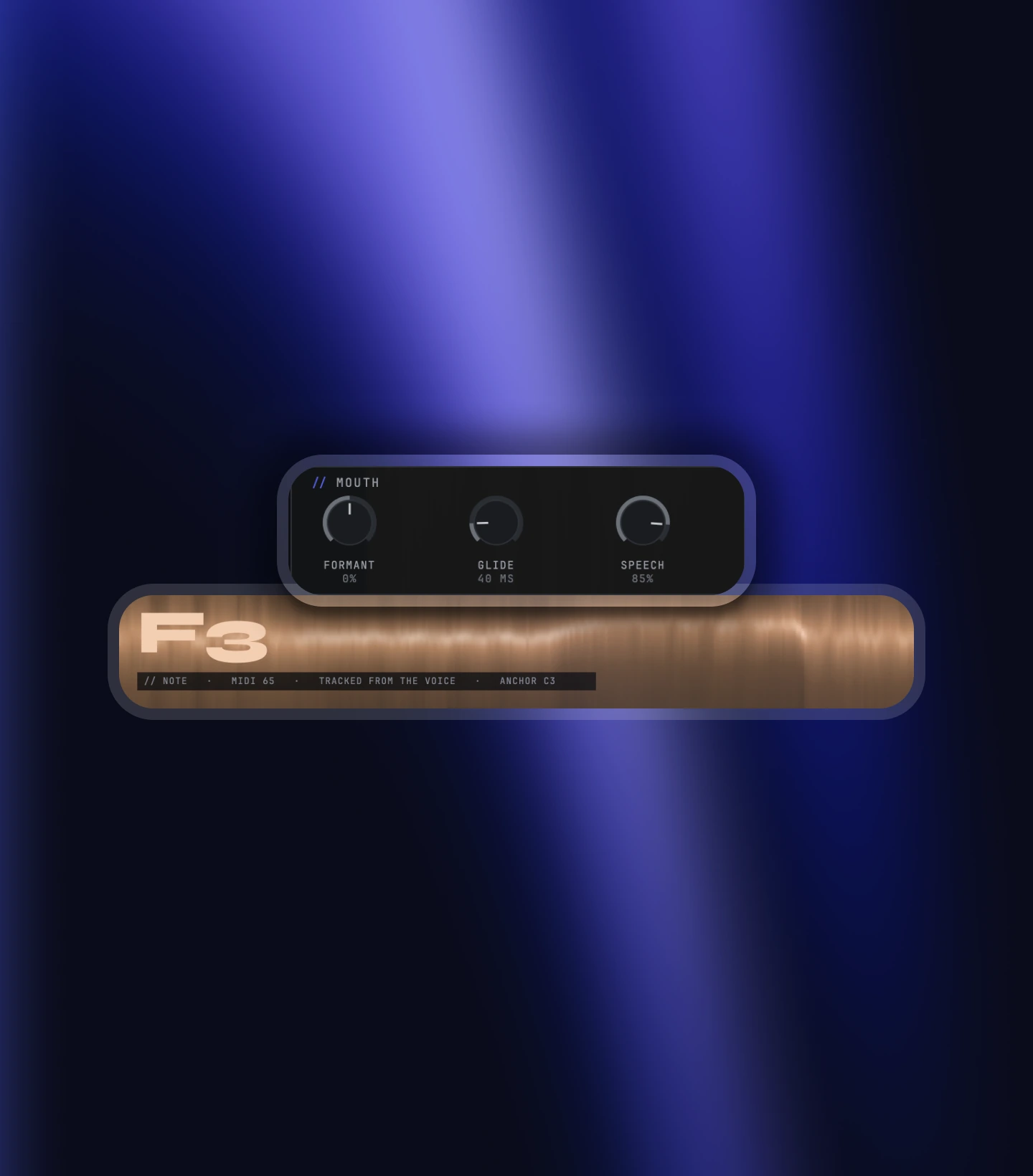 The PRISM MINI mouth row, FORMANT, GLIDE and SPEECH, above the note reading tracked from the voice