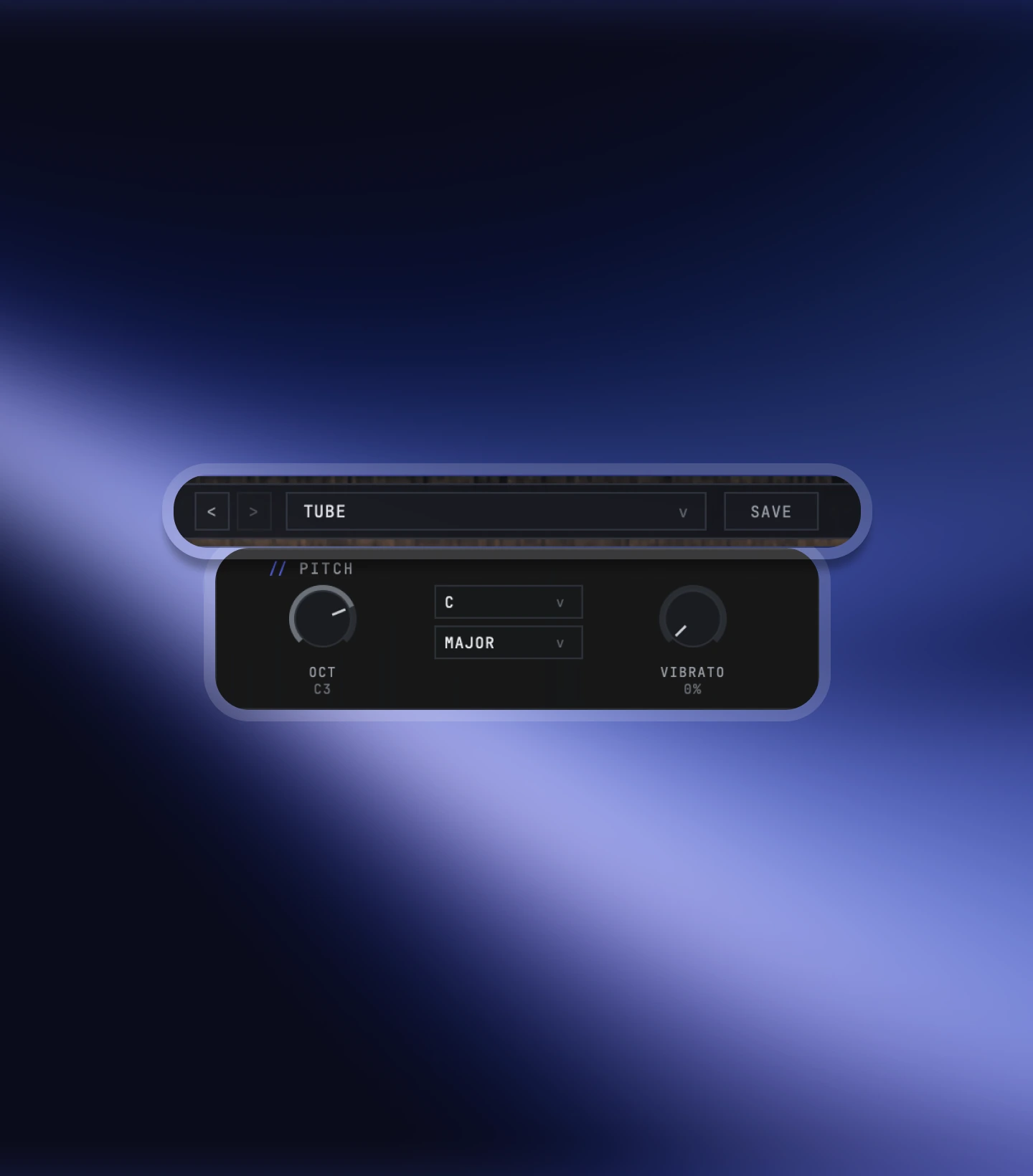 The PRISM MINI preset strip on TUBE, above the pitch group with OCT, the key and scale boxes and VIBRATO