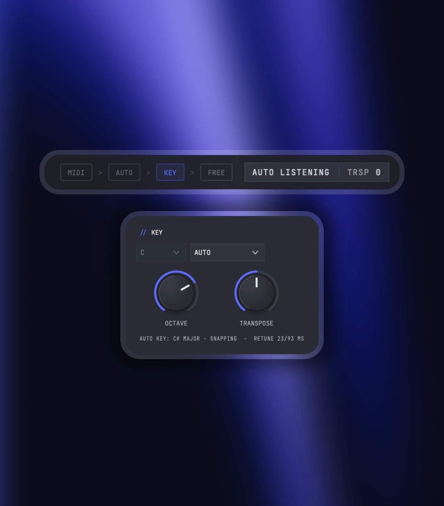 Nolvra PRISM Talkbox pitch source row and KEY panel with octave and transpose