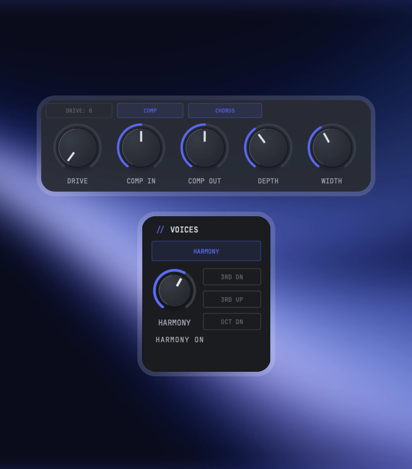 Nolvra PRISM Talkbox drive and compressor strip with the voices panel and harmony switches