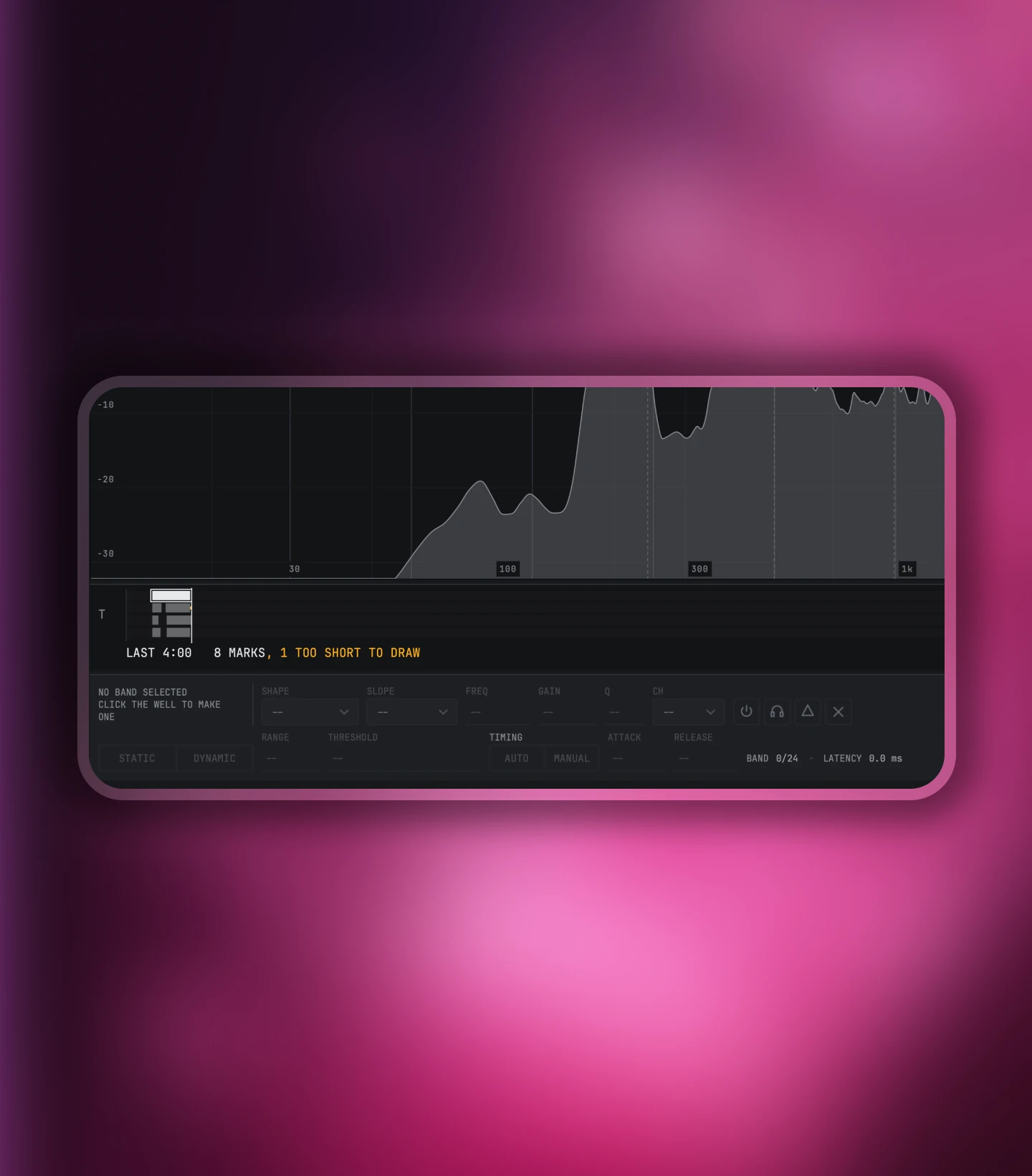 Nolvra Ridge analyser after a scan, eight resonance marks standing on the time axis with no band selected