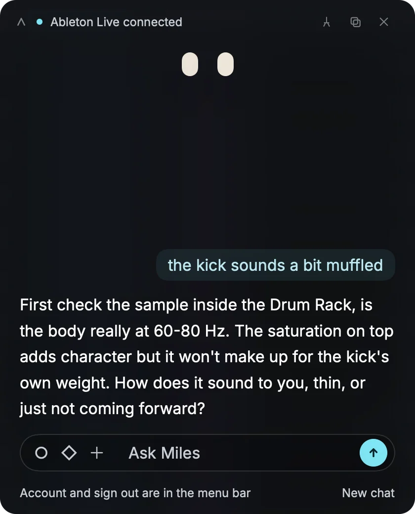 The Miles panel answering a question about a muffled kick, with Ableton Live connected